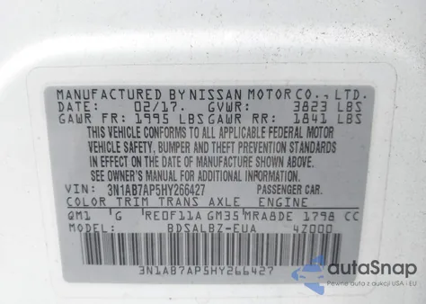 2017 Nissan Sentra S from USA, damaged, VIN 3N1AB7AP5HY266427